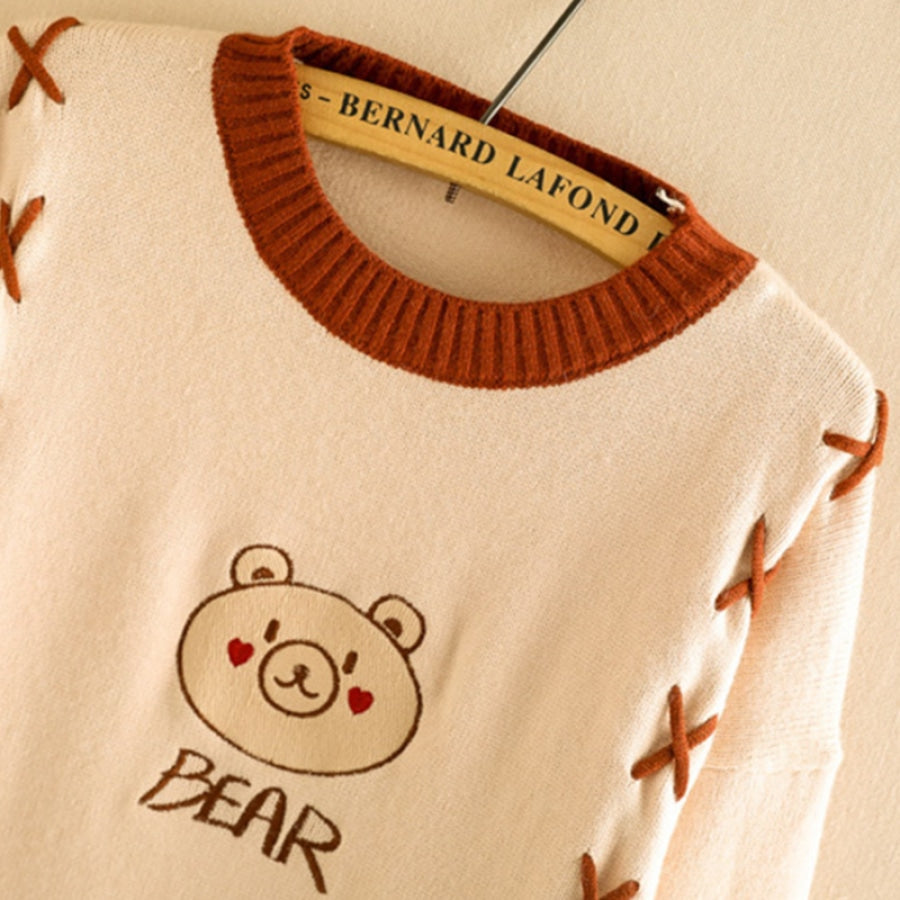 Cute Bear Round Neck Cross Tie Sweater J40015 Sweatshirt