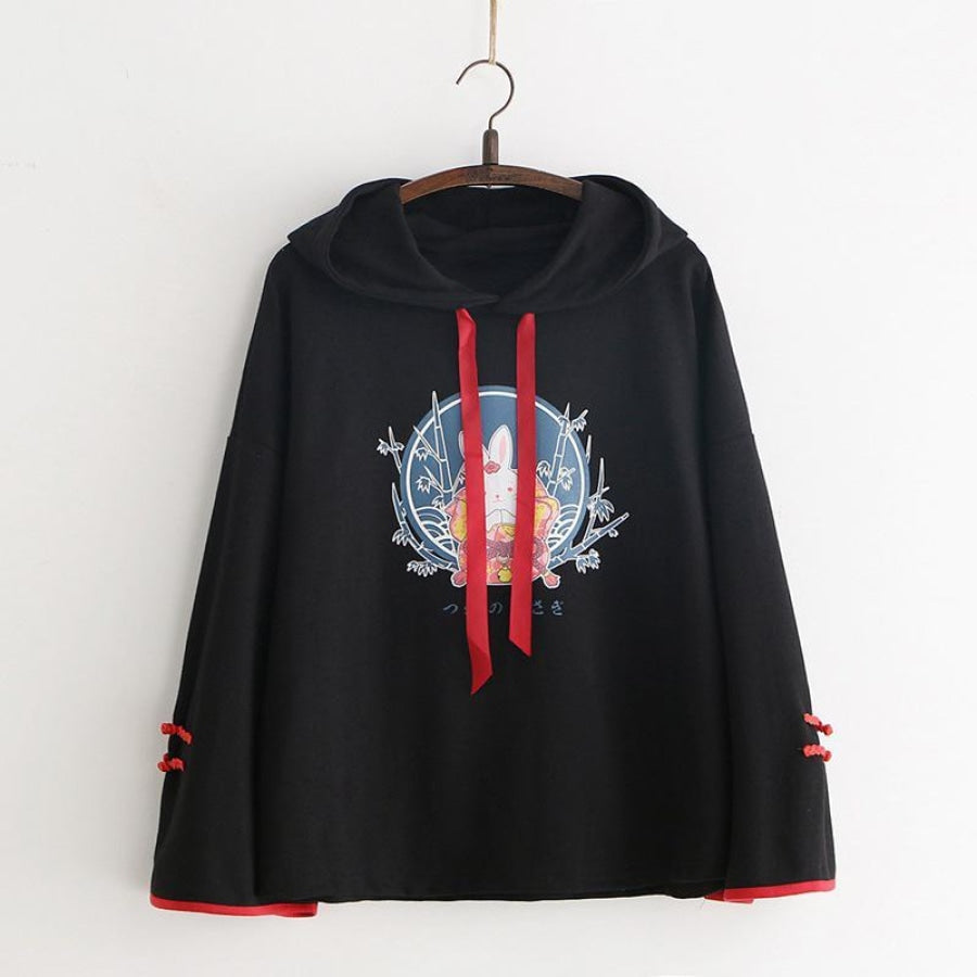 Cute Bunny Print Japanese Drawstring Hoodies J40014 Black / One Size Hoodie