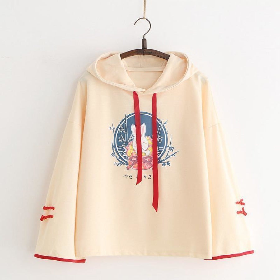 Cute Bunny Print Japanese Drawstring Hoodies J40014 Khaki / One Size Hoodie