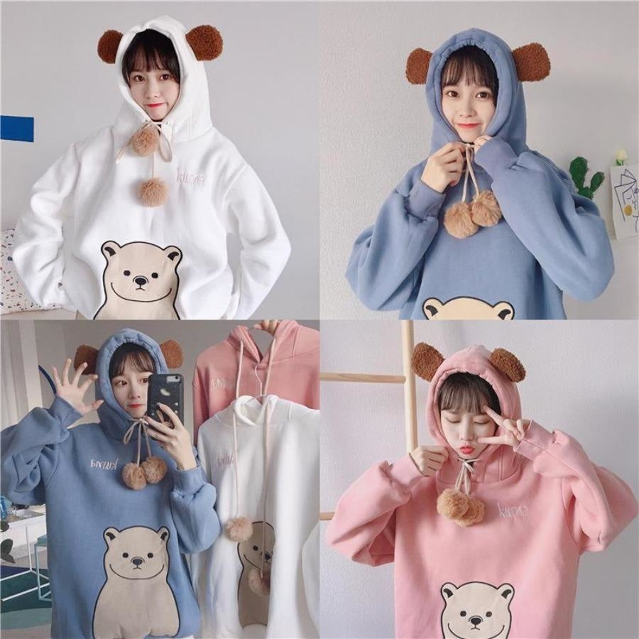 Cute Cartoon Bear Ears Print Brushed Hoodie J40013 Hoodie