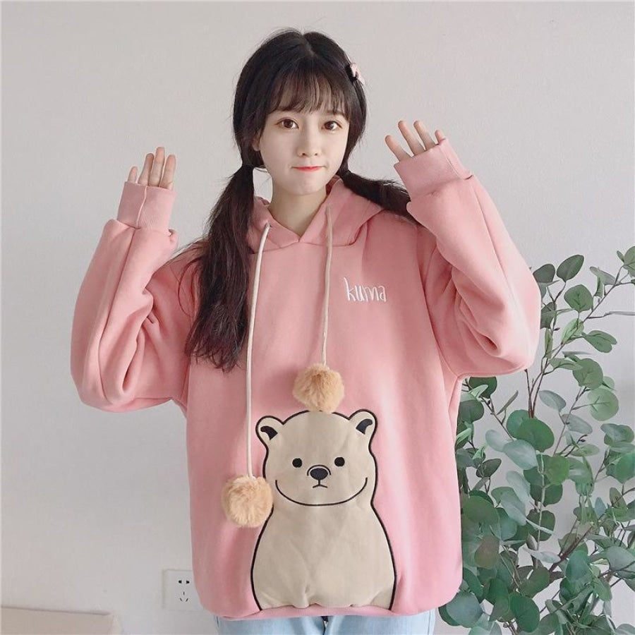 Cute Cartoon Bear Ears Print Brushed Hoodie J40013 Hoodie