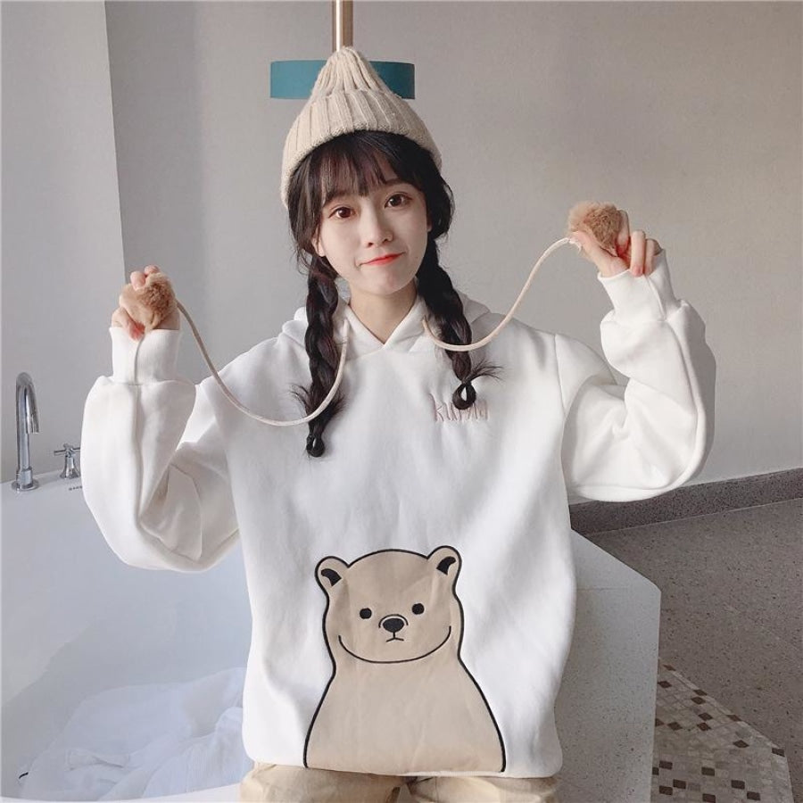 Cute Cartoon Bear Ears Print Brushed Hoodie J40013 Hoodie