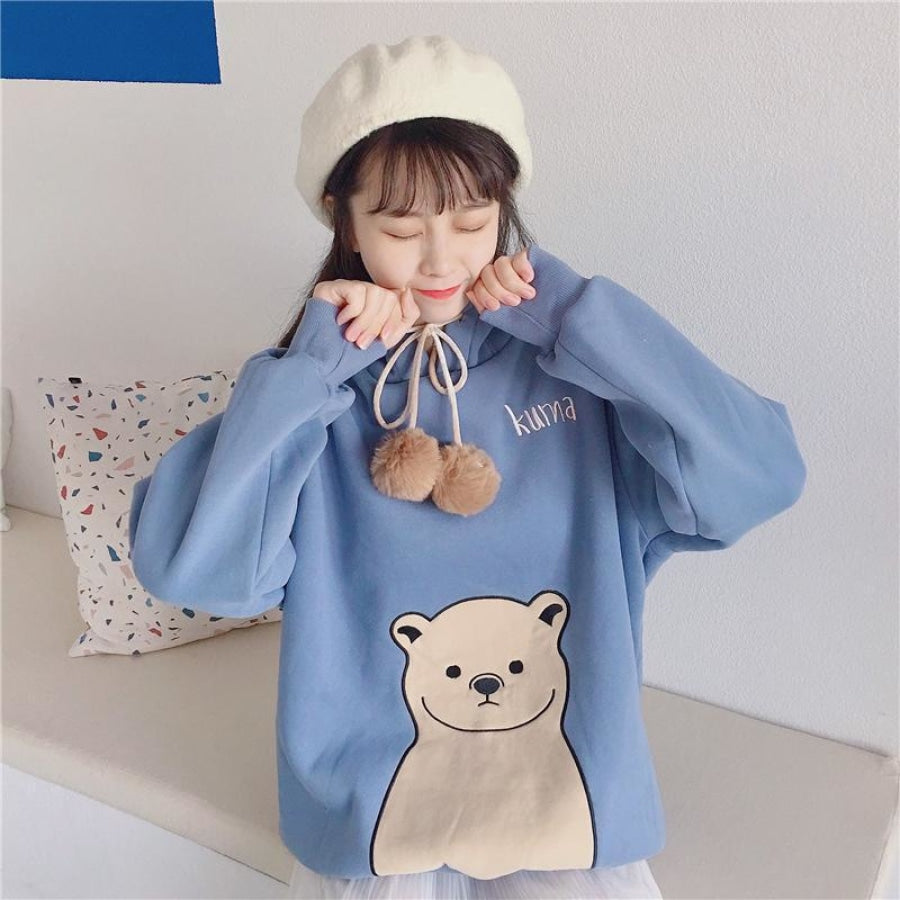 Cute Cartoon Bear Ears Print Brushed Hoodie J40013 Hoodie