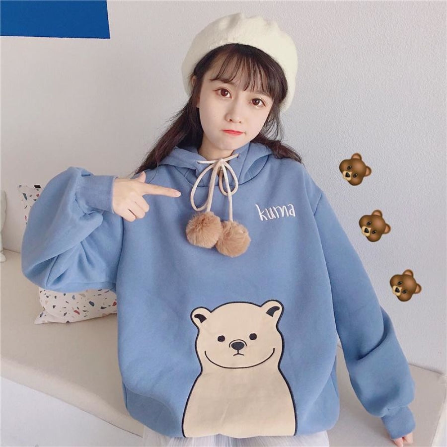 Cute Cartoon Bear Ears Print Brushed Hoodie J40013 Blue / One Size Hoodie