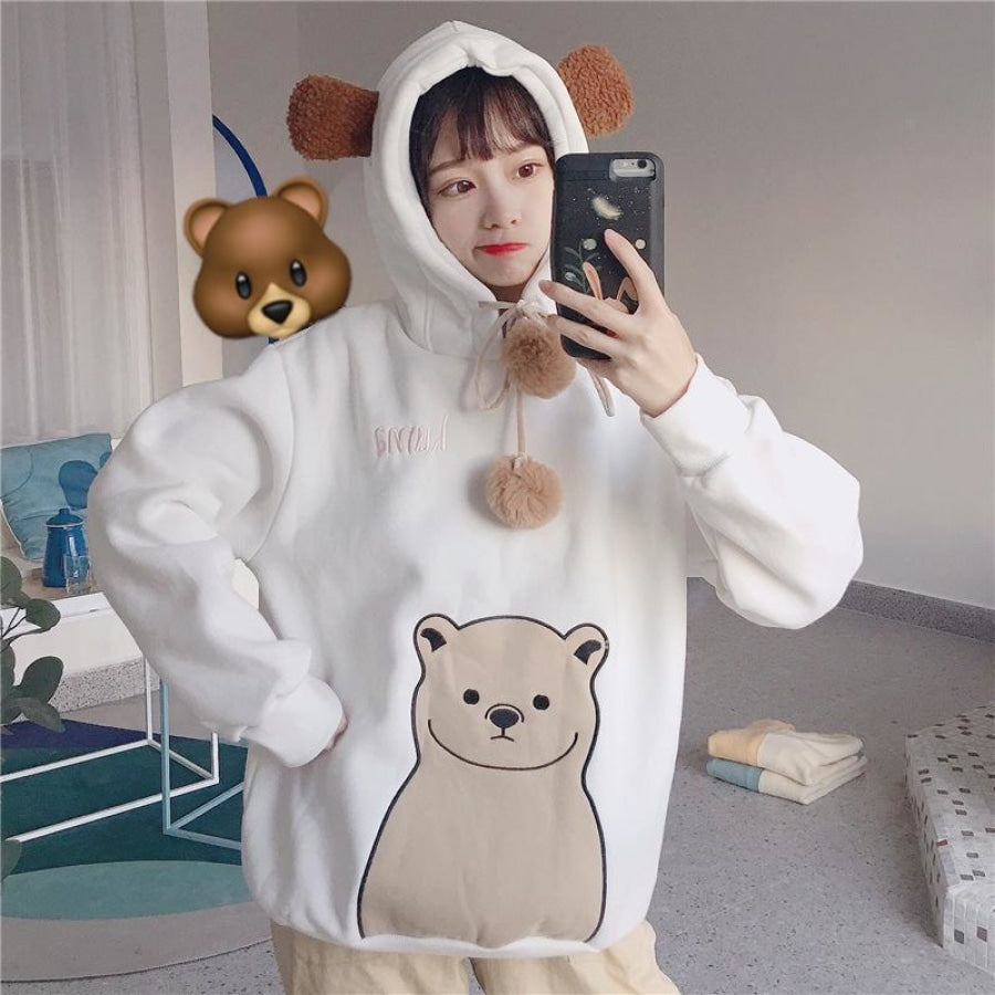 Cute Cartoon Bear Ears Print Brushed Hoodie J40013 White / One Size Hoodie