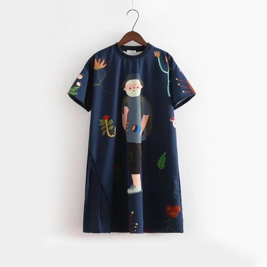 Cute Hiking Man Ruffled Hem Summer Dress Navy Blue / One Size