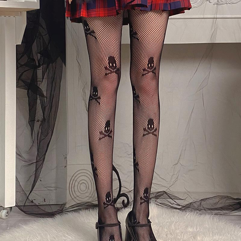 Black Punk Skull Panty-hose Sexy Girl Hollow Out Fish-net Panty-hose