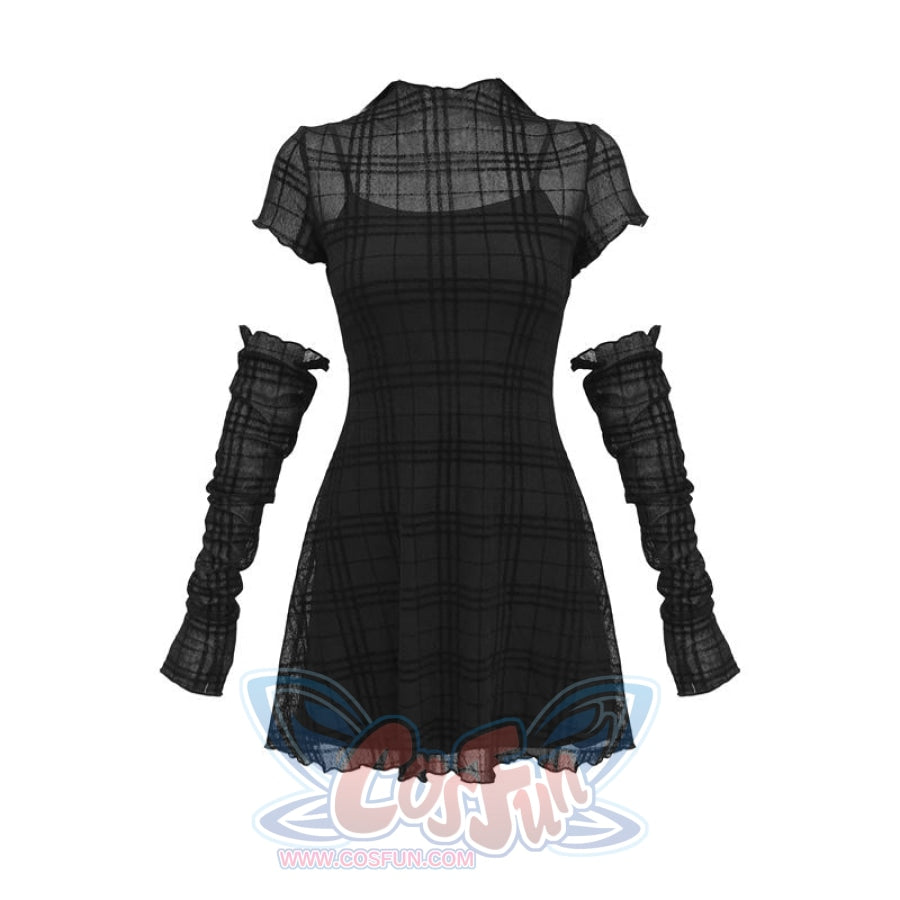 Dark Y2K Stretch Flocking Plaid Dress Lace Sleeve Cover Black Party