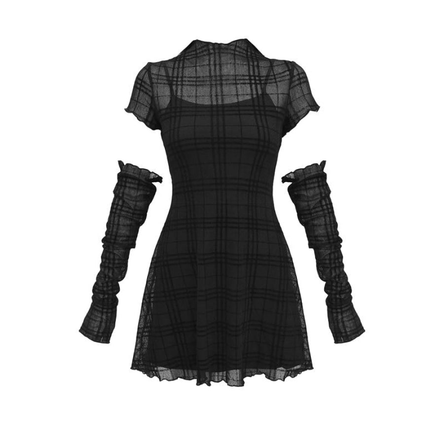 Dark Y2K Stretch Flocking Plaid Dress Lace Sleeve Cover Black Party