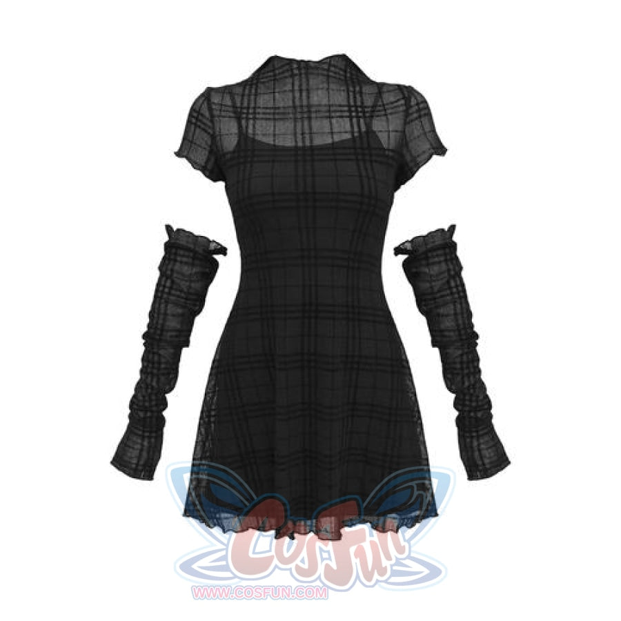 Dark Y2K Stretch Flocking Plaid Dress Lace Sleeve Cover Black Party / S