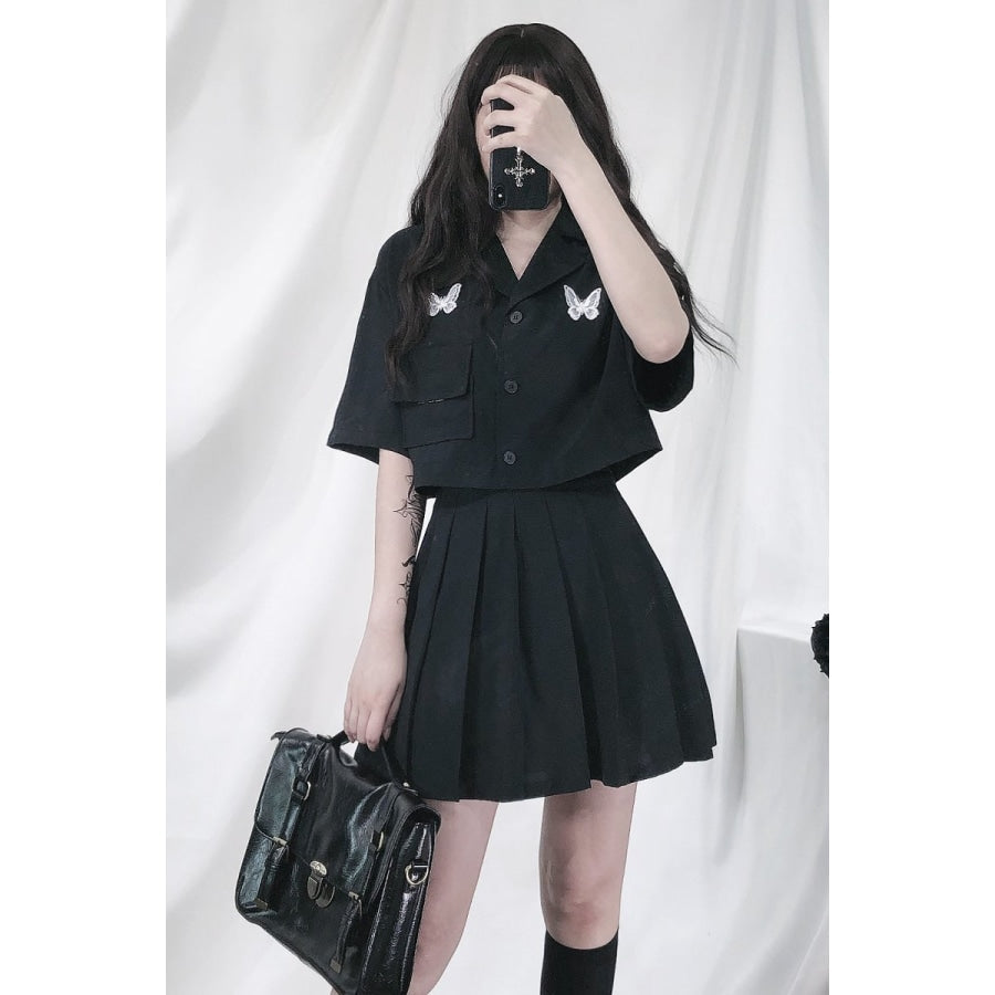 Darkness Two Piece Street Look Butterfly Pocket T-shirt Pleated Skirt J40392