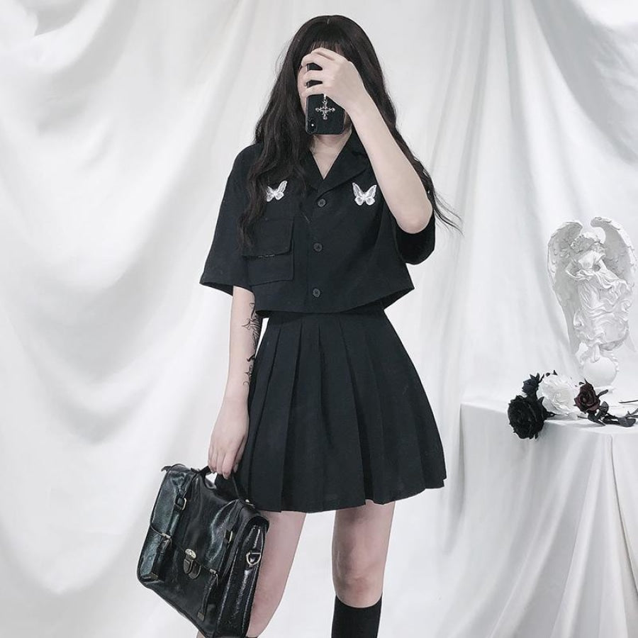 Darkness Two Piece Street Look Butterfly Pocket T-shirt Pleated Skirt J40392