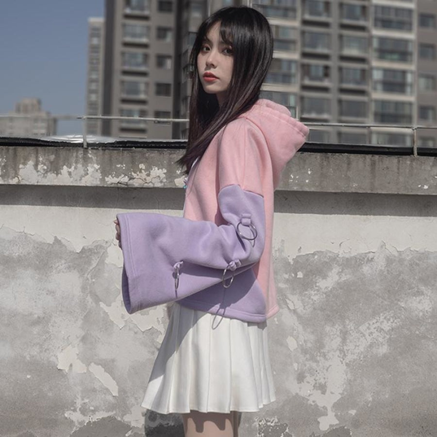 Devil Angel Love Heart Print Color Block Hoodie Pleated Skirt - cosfun
