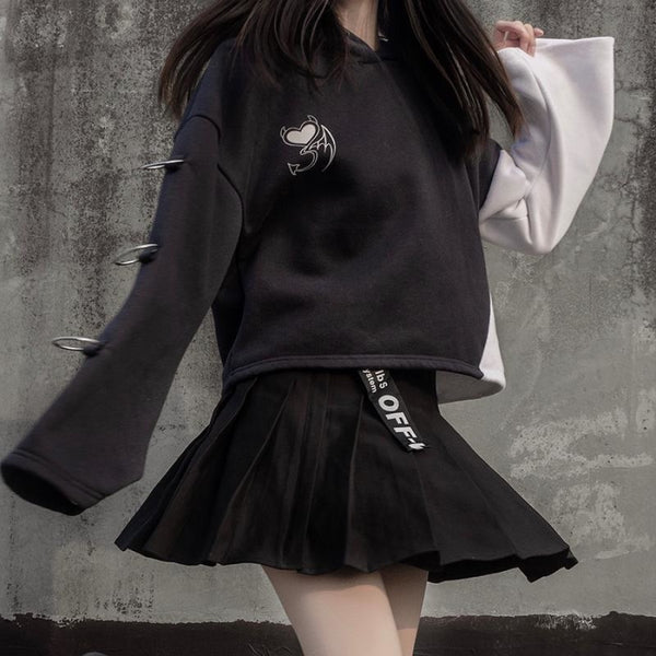 Devil Angel Love Heart Print Color-Block Hoodie Pleated Skirt J40336