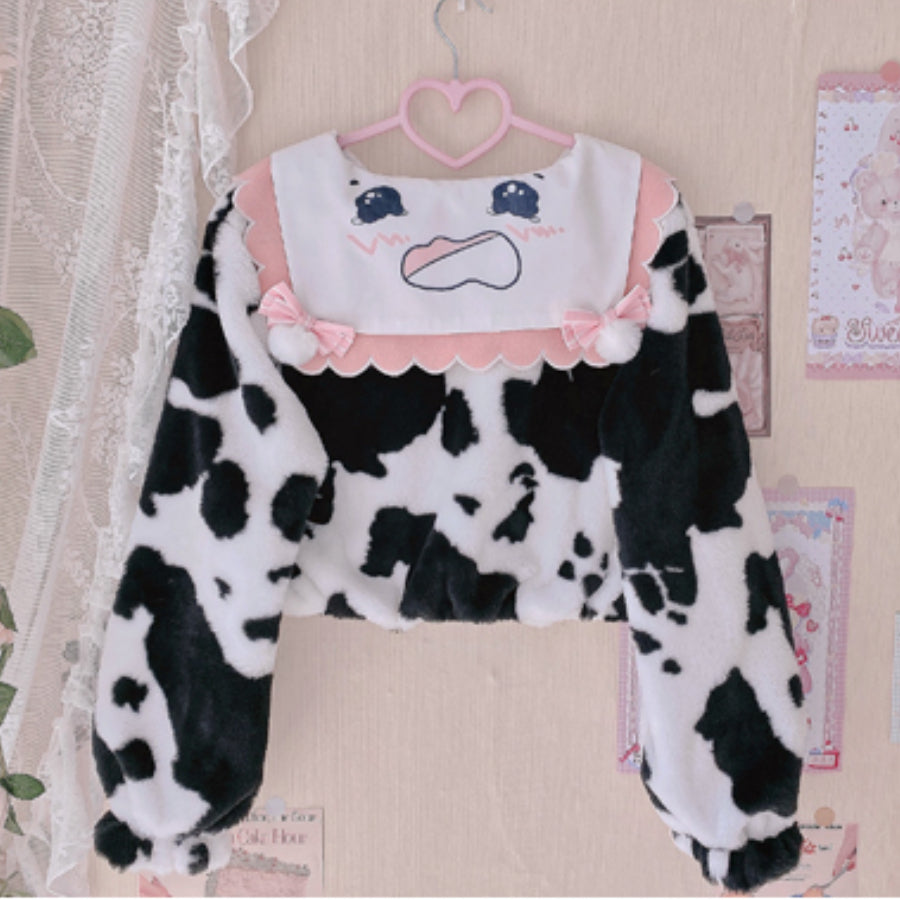 Autumn Winter Lovely Cow Lolita Woolen Hoodie