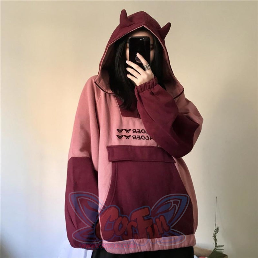 Ears Pocket Zipper Oversize Hoodie Inner Fleece Red / M Sweatshirt