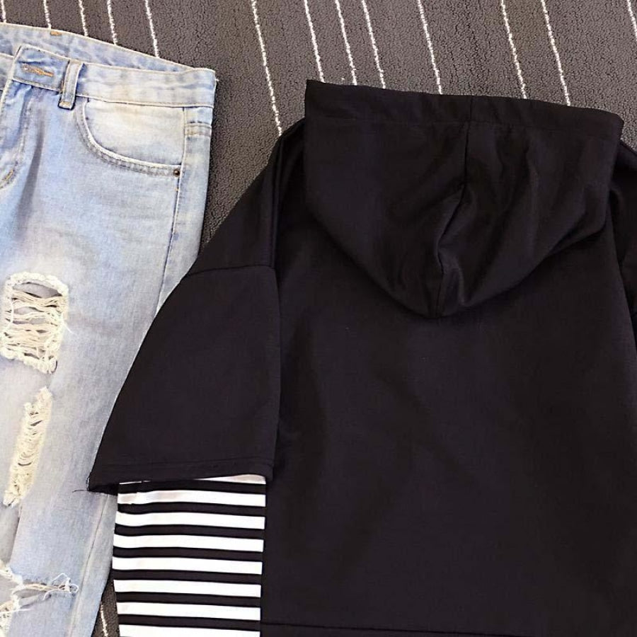 Fake Two-Piece Tee Stripe Letter Print Morning Selfie Hoodie J20038 Sweatshirt