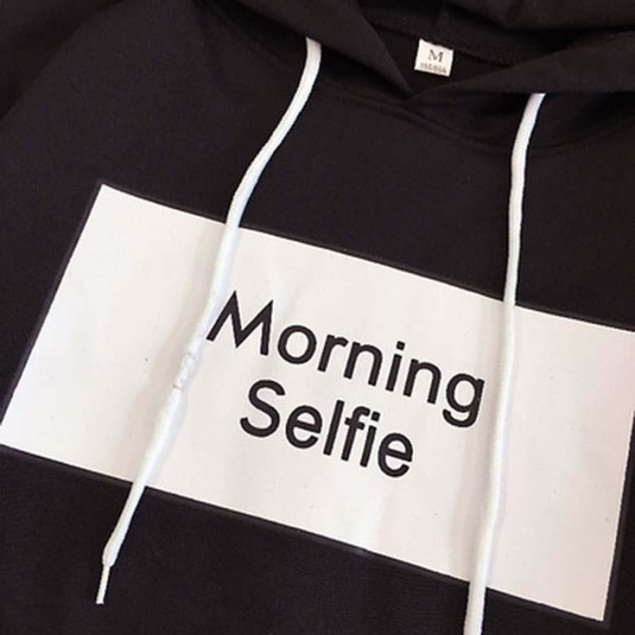 Fake Two-Piece Tee Stripe Letter Print Morning Selfie Hoodie J20038 Sweatshirt