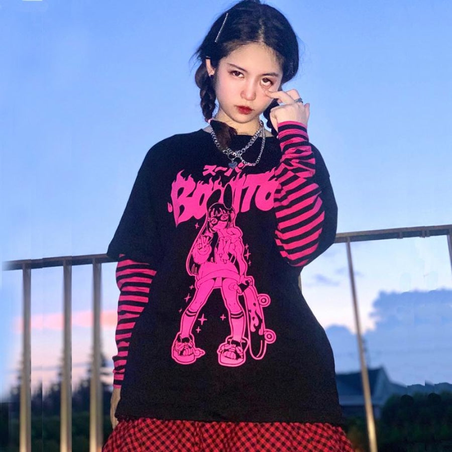 Fashion Sk8Er Print Harajuku Punk Stripe Fake-Two Shirt