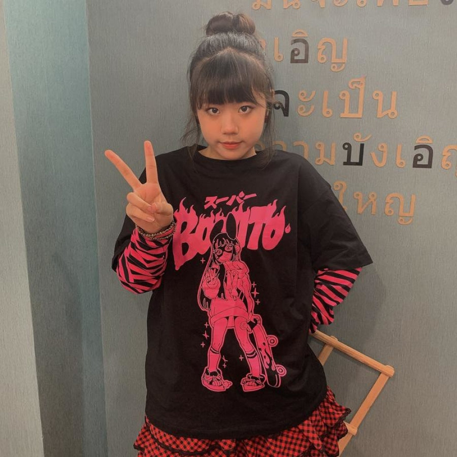 Fashion SK8ER Print Harajuku Punk Stripe Fake-two Shirt - cosfun