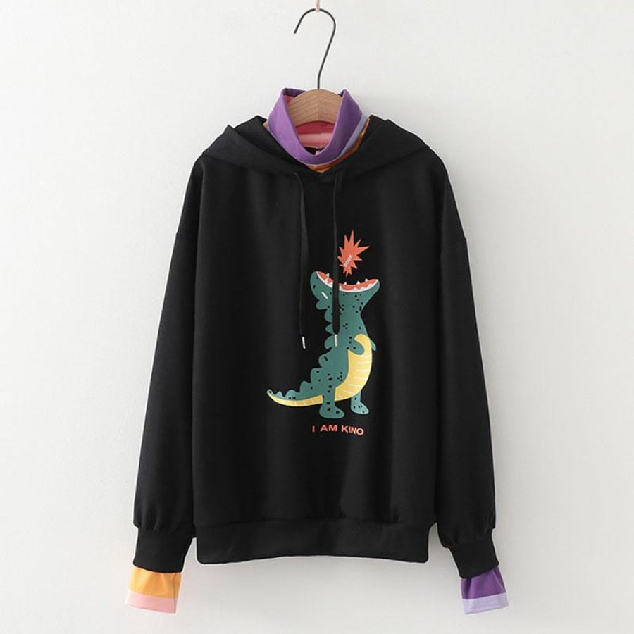 Fire Dinosaur Cartoon Collar One-Piece Sweatshirt Hoodie Black / M