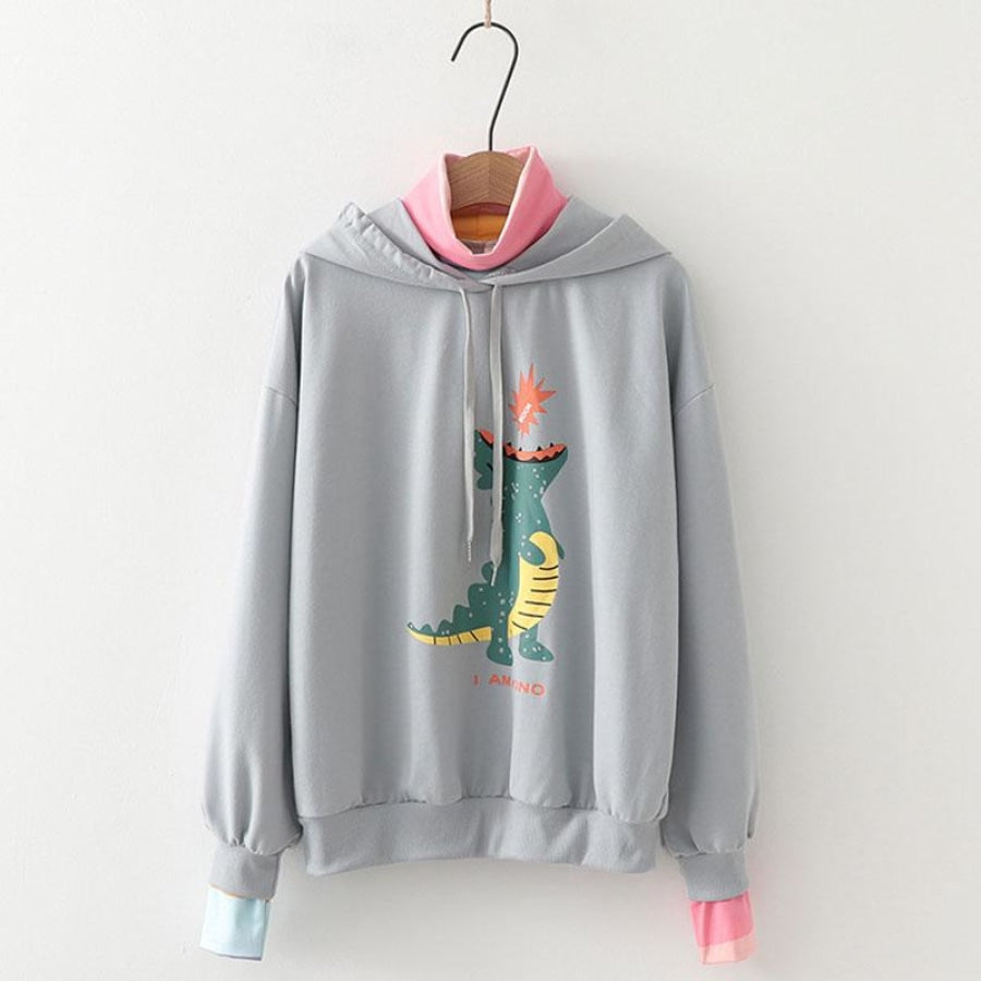 Fire Dinosaur Cartoon Collar One-Piece Sweatshirt Hoodie Gray / M