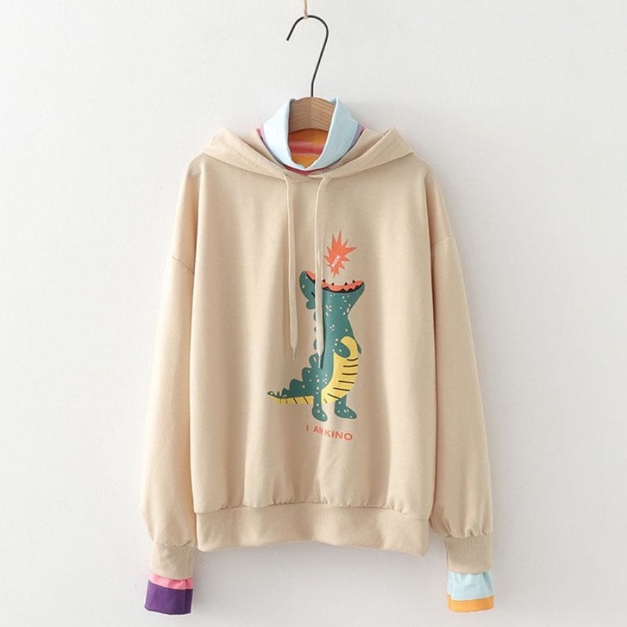 Fire Dinosaur Cartoon Collar One-Piece Sweatshirt Hoodie Khaki / M