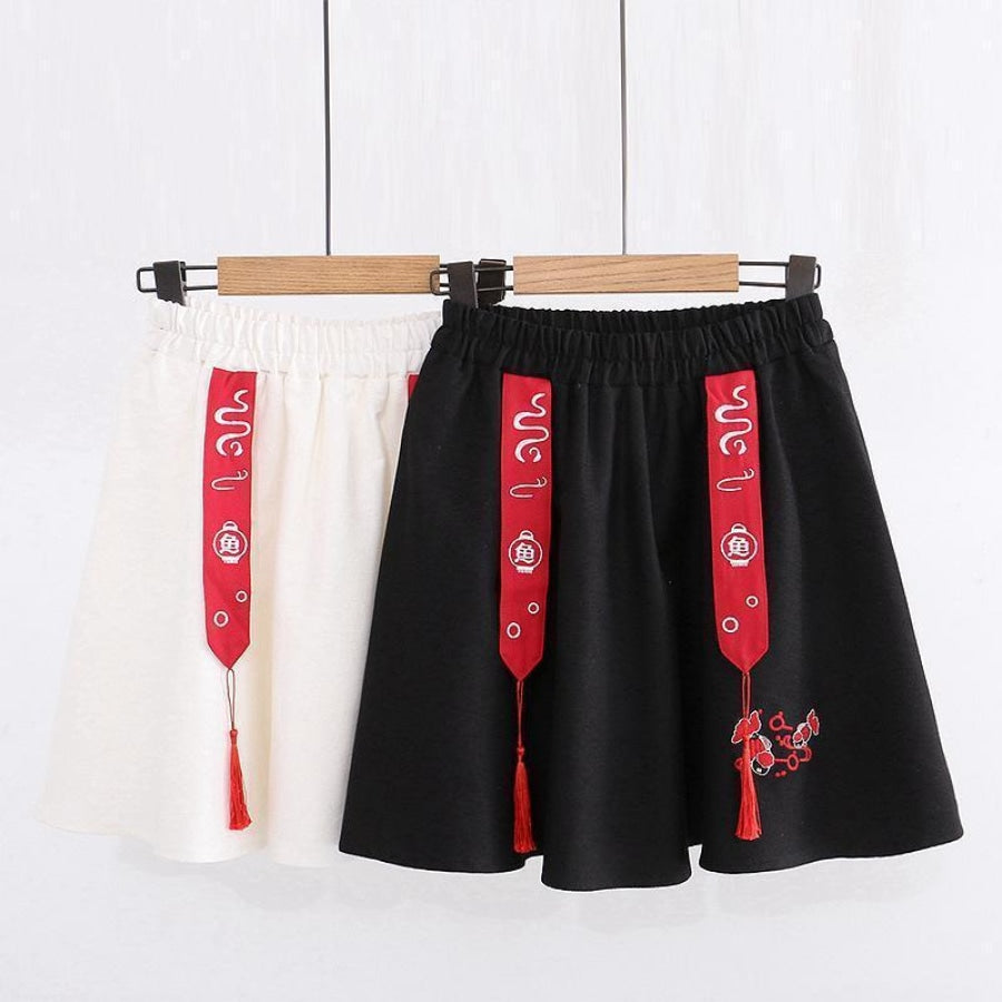 Fish Embroidery Tassels A-Line Skirt