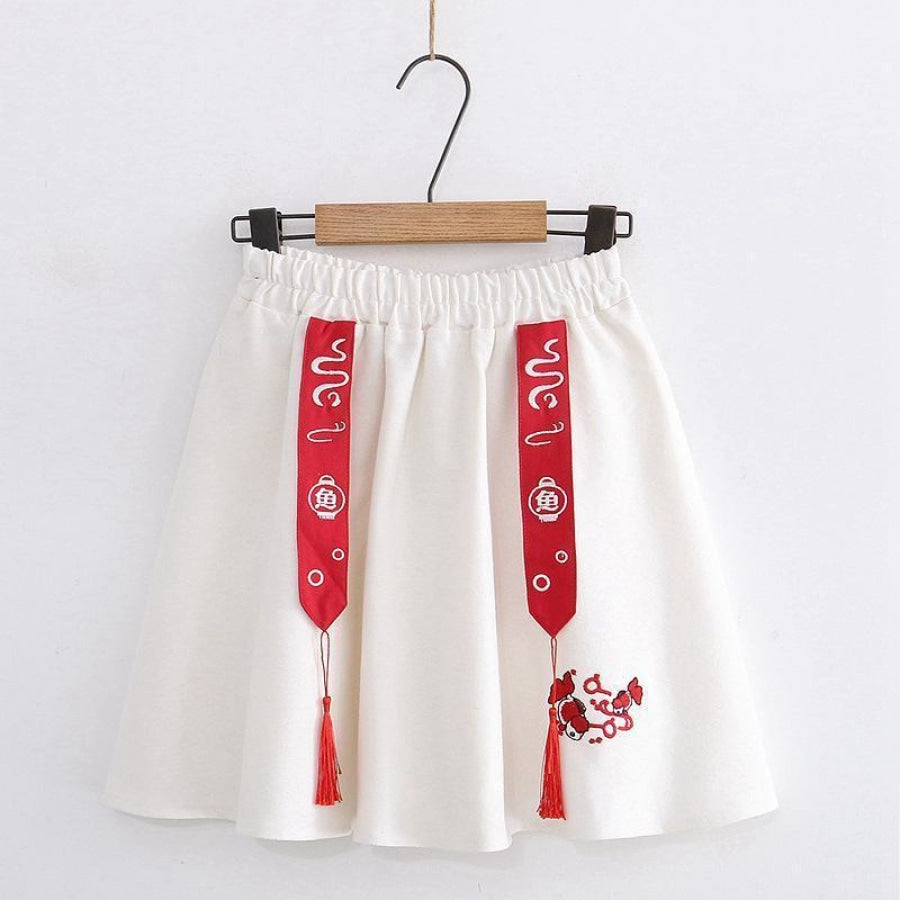 Fish Embroidery Tassels A-Line Skirt White / One Size