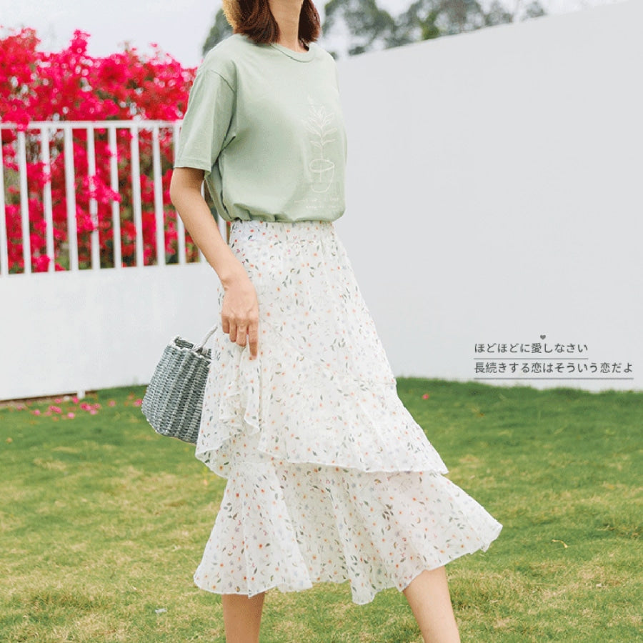 Floral Ruffle Chiffon Skirt