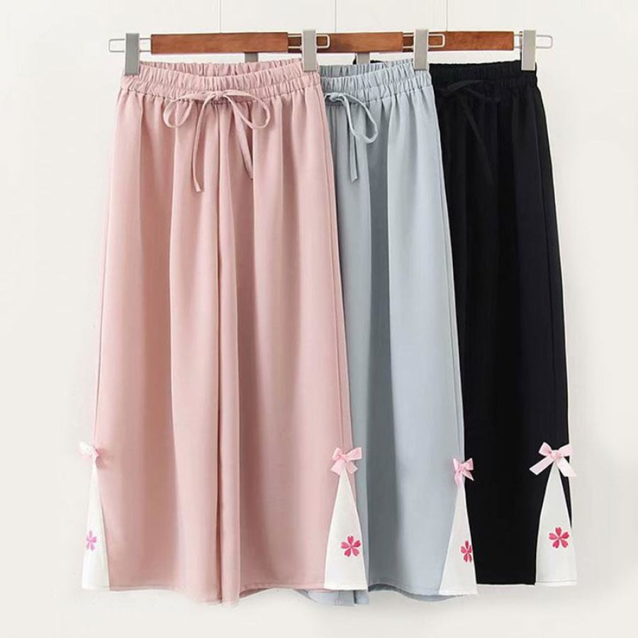 Flower Embroidery Bow Knot Wide Leg Pants