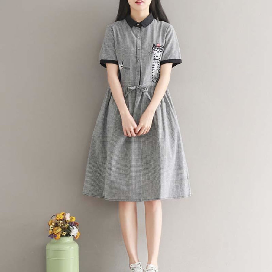 Gingham Cat Print Smock Dress