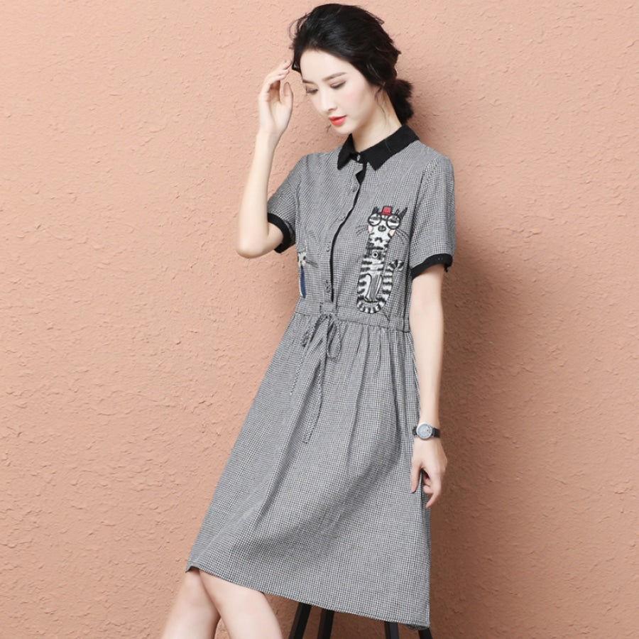 Gingham Cat Print Smock Dress