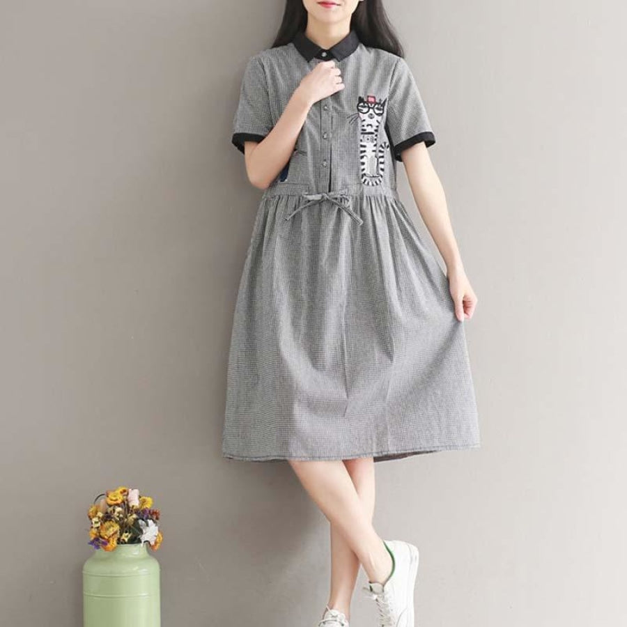 Gingham Cat Print Smock Dress Grey / M