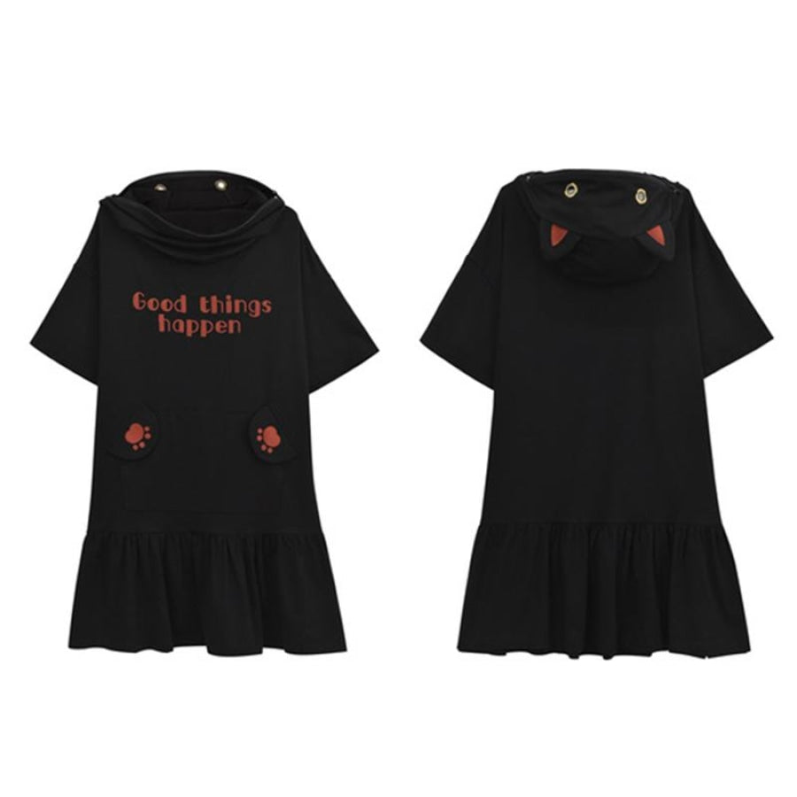 Good Things Happen Letter Cat Paw Ears Eyes Embroidery Zipper Hooded Dress