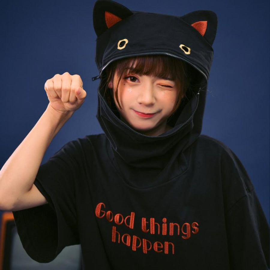 Good Things Happen Letter Cat Paw Ears Eyes Embroidery Zipper Hooded Dress