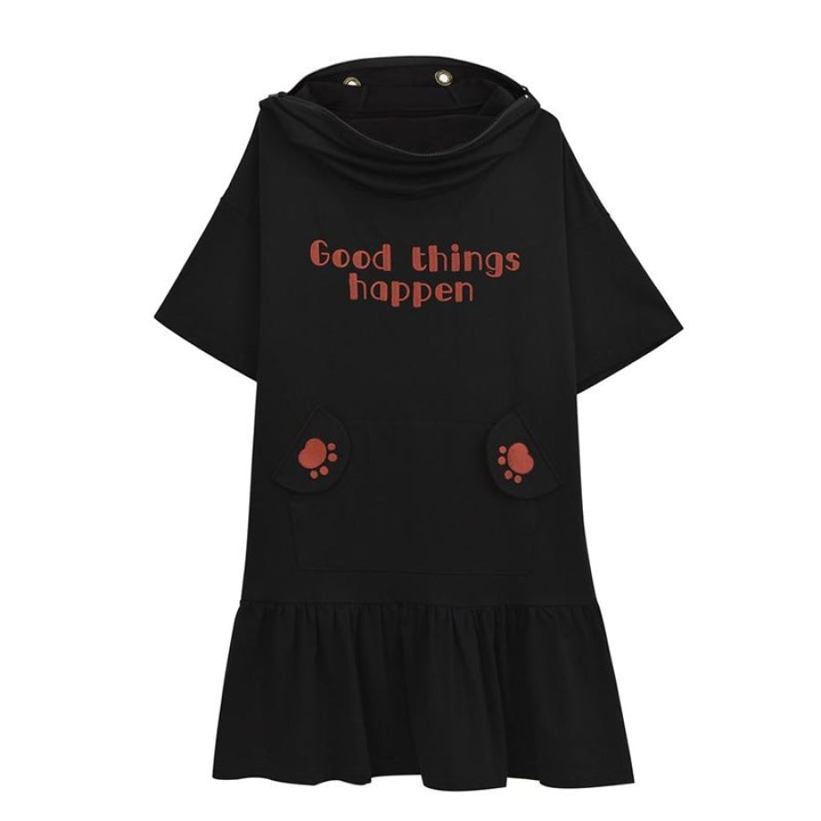 Good Things Happen Letter Cat Paw Ears Eyes Embroidery Zipper Hooded Dress S