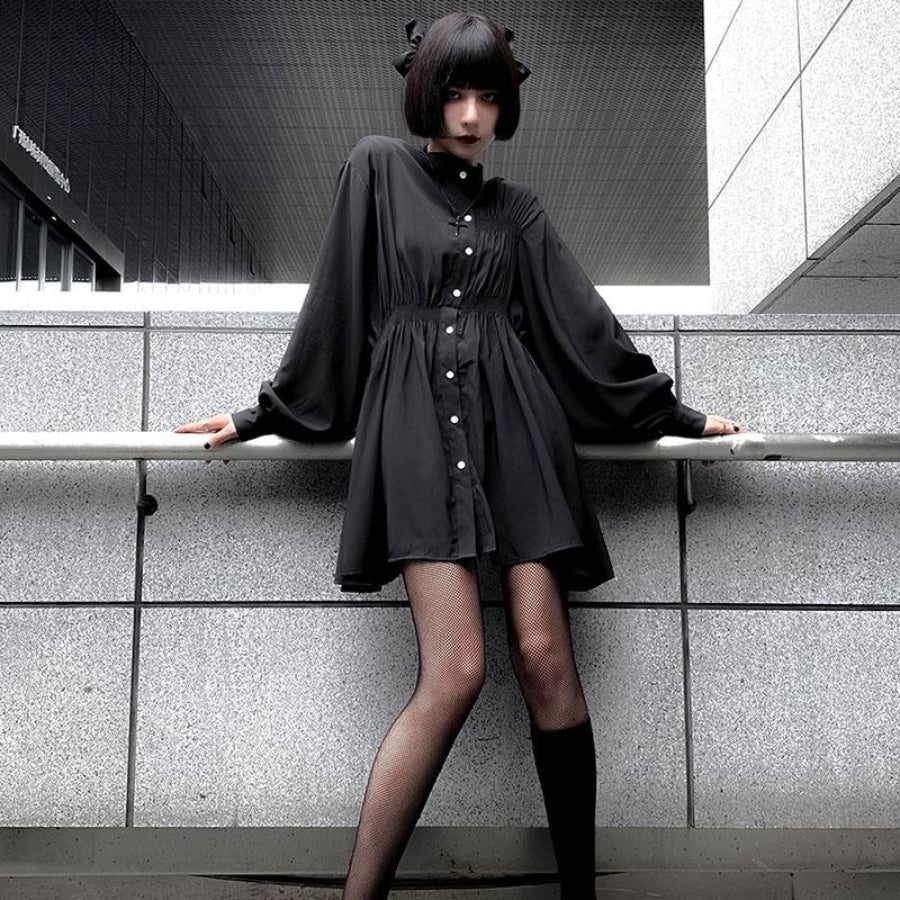 Goth Classic Button High Waist Shirt Dress