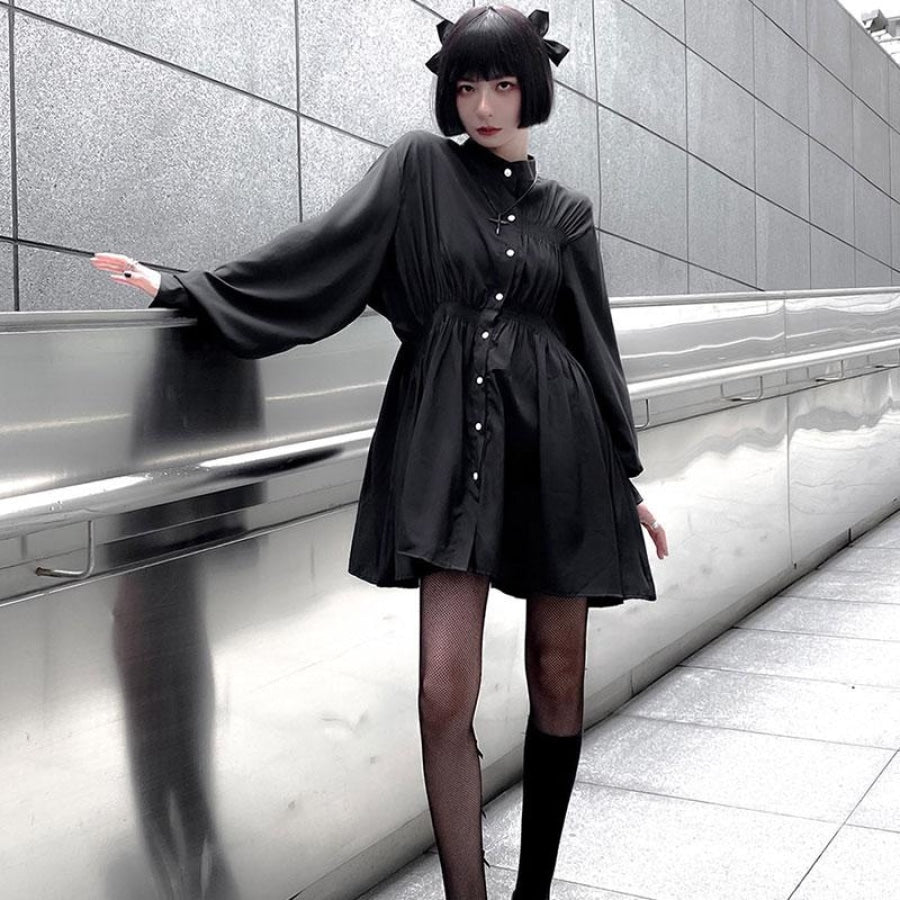 Goth Classic Button High Waist Shirt Dress