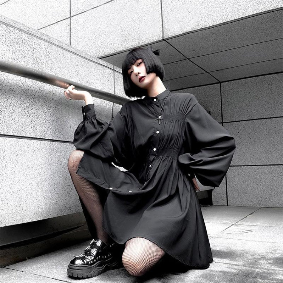 Goth Classic Button High Waist Shirt Dress