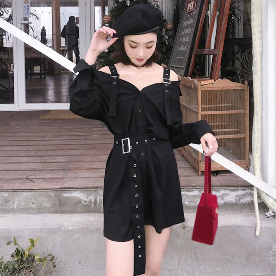 Gothic Buckle Belt Off The Shoulder Shirt Dress Mp006090