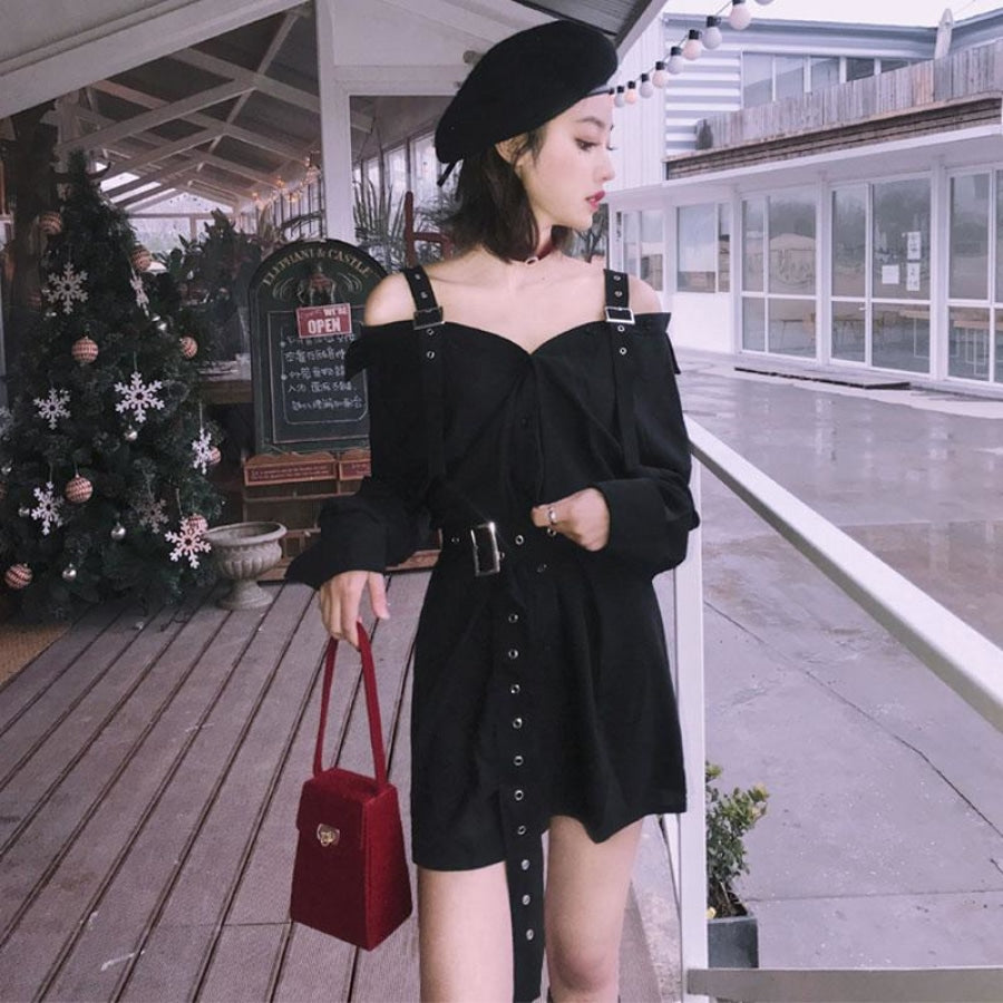 Gothic Buckle Belt Off The Shoulder Shirt Dress Mp006090