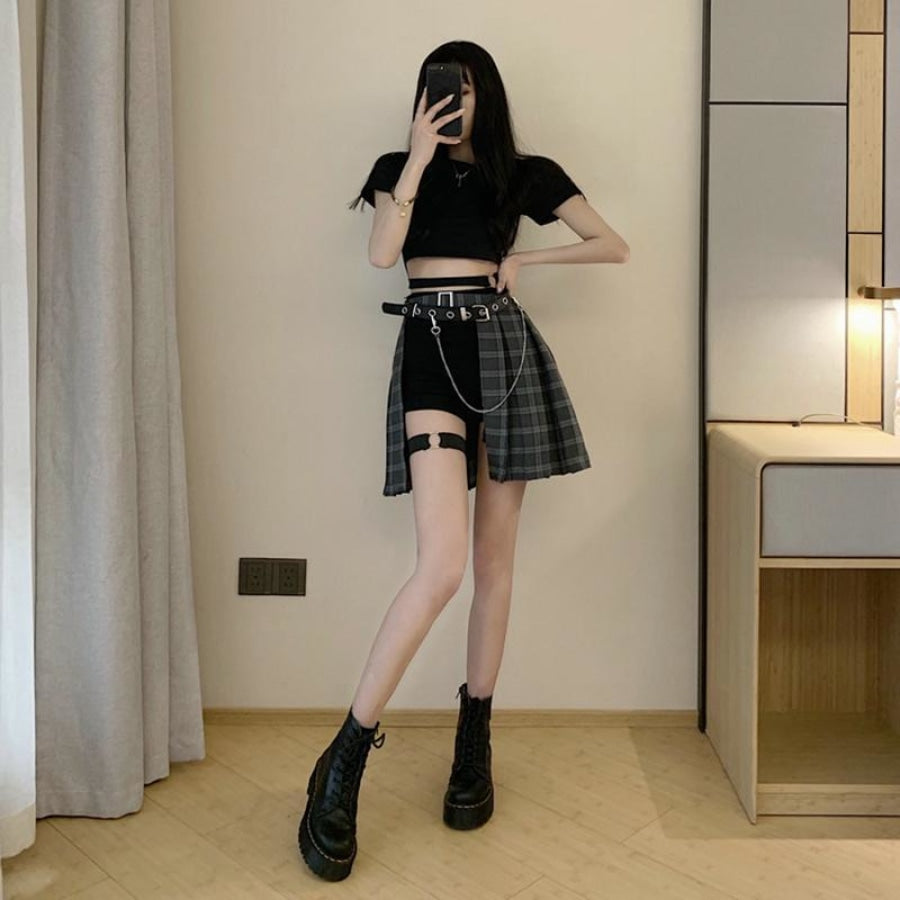 Gothic Plaid Skirt Shorts Belt Chain Irregular Hollow - cosfun