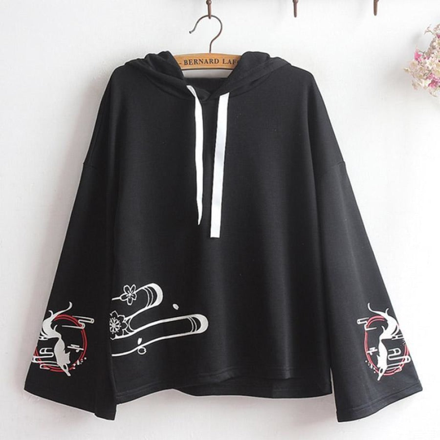 Inari Fox Sakura Print Loose Sleeve Laced-Up Hoodie Black / One Size Hoodie