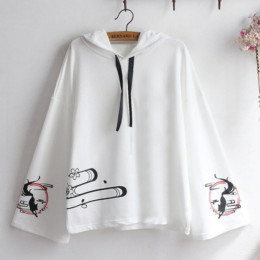 Inari Fox Sakura Print Loose Sleeve Laced-Up Hoodie White / One Size Hoodie