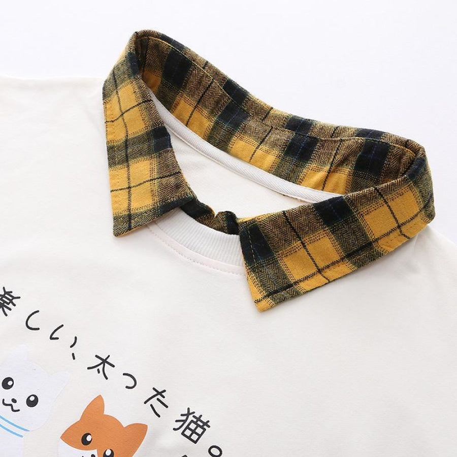 Japanese Cat Plaid Fake Two-Piece Sweatshirt