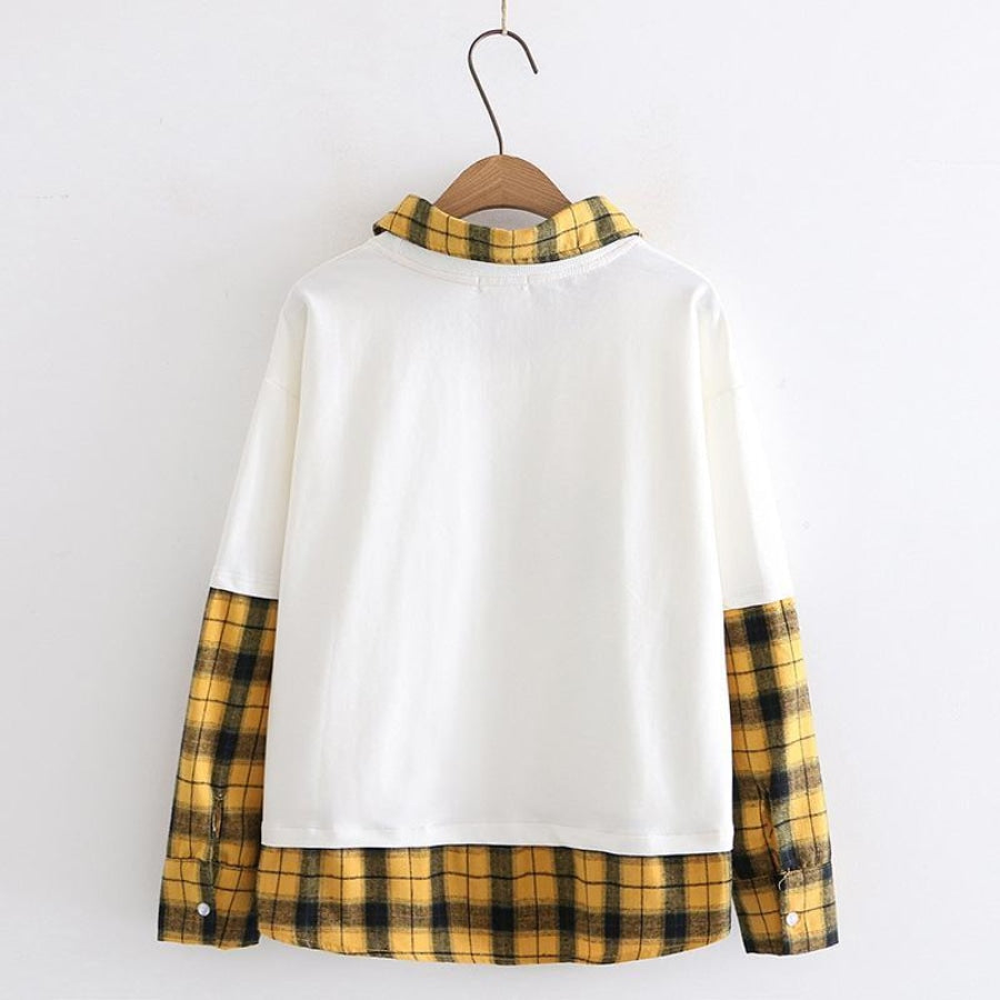 Japanese Cat Plaid Fake Two-Piece Sweatshirt