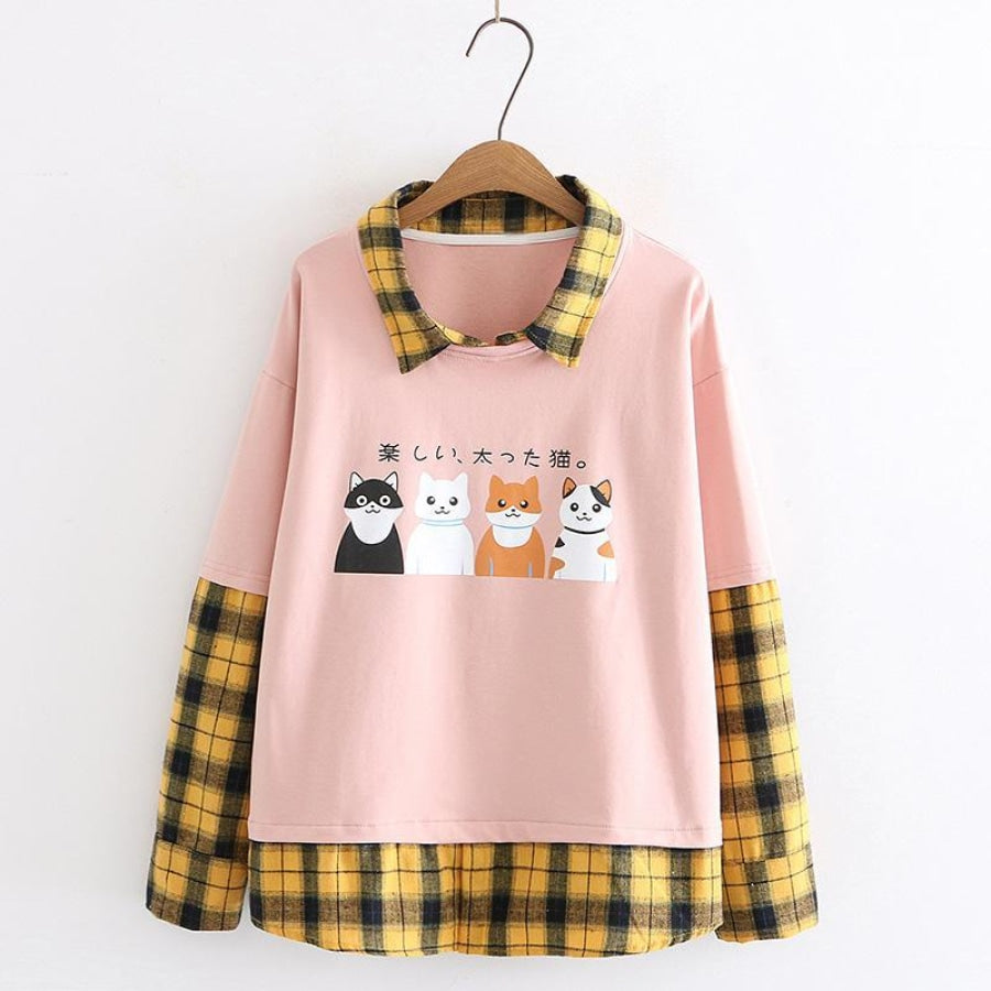 Japanese Cat Plaid Fake Two-Piece Sweatshirt Pink / M