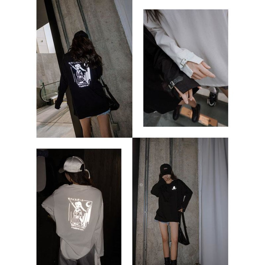 Japanese Reflective Print Buckle Oversized Sweatshirt J40235