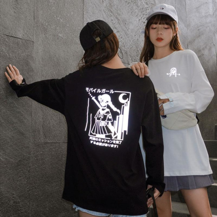 Japanese Reflective Print Buckle Oversized Sweatshirt J40235